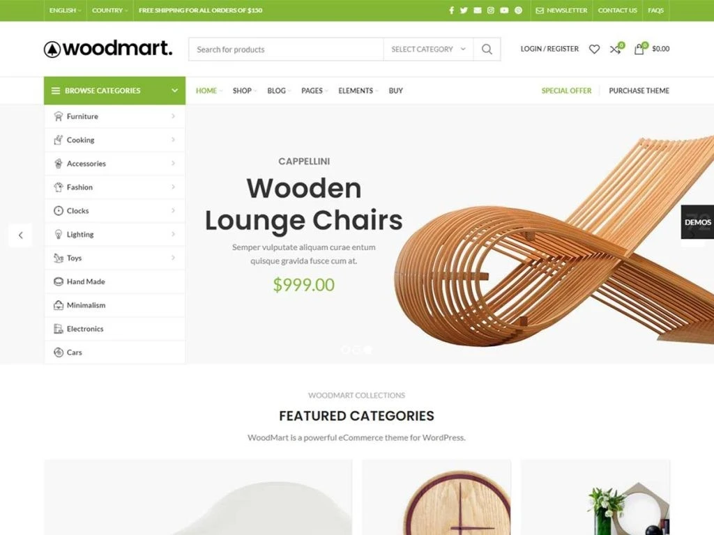 Screenshot of optimized WoodMart WordPress theme homepage showing fast-loading, clean eCommerce design in 2025