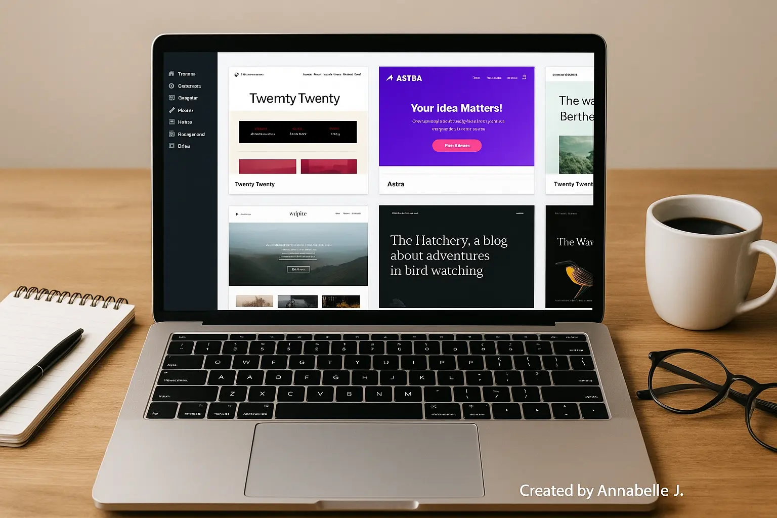 Laptop displaying WordPress dashboard with multiple blog themes on screen