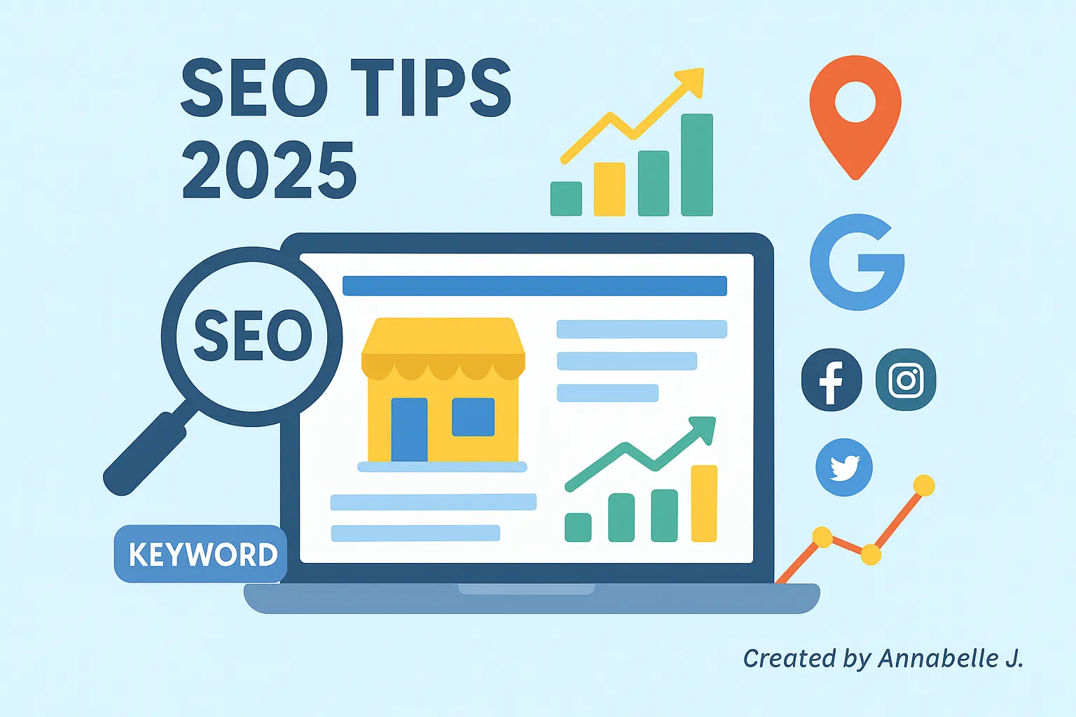 Illustration of a small business website optimized for SEO in 2025, showing growth charts, search engine icons, and digital marketing elements for better online visibility.