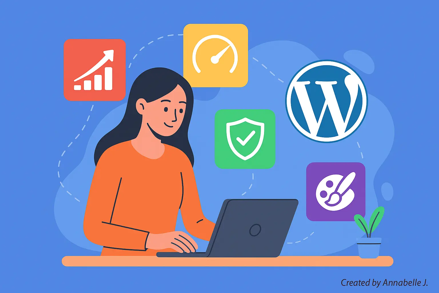 Illustration of a blogger using multiple WordPress plugins to improve website SEO, speed, and design in 2025