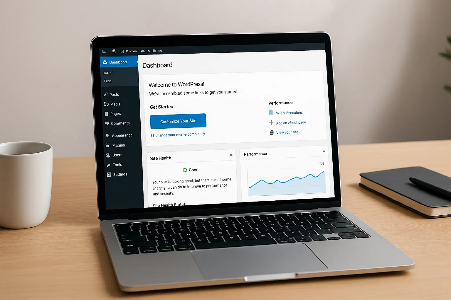 Realistic workspace with a laptop showing a fast-loading WordPress dashboard optimized for 2025.