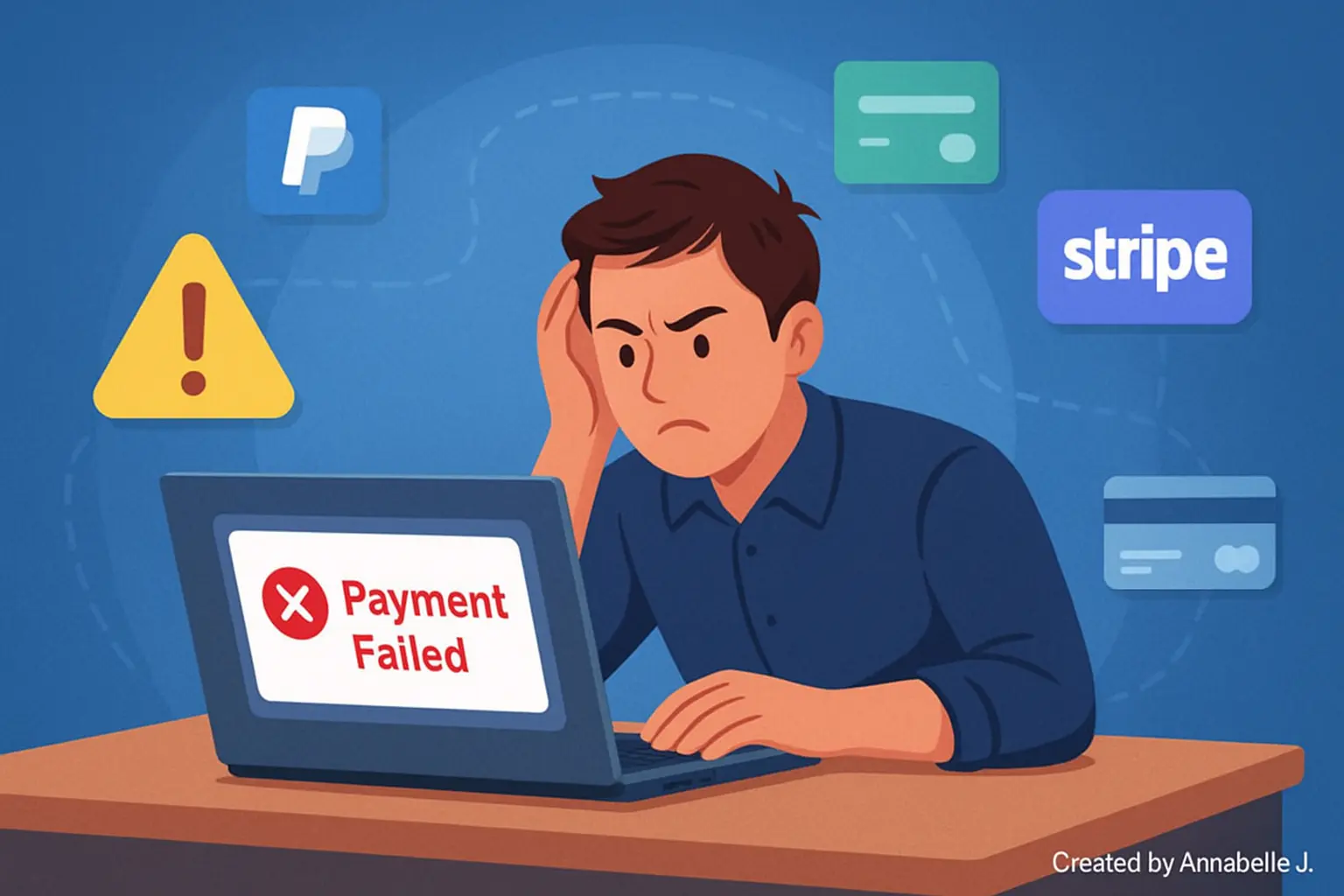 “A WooCommerce store owner troubleshooting payment gateway errors on a laptop with digital payment icons in the background
