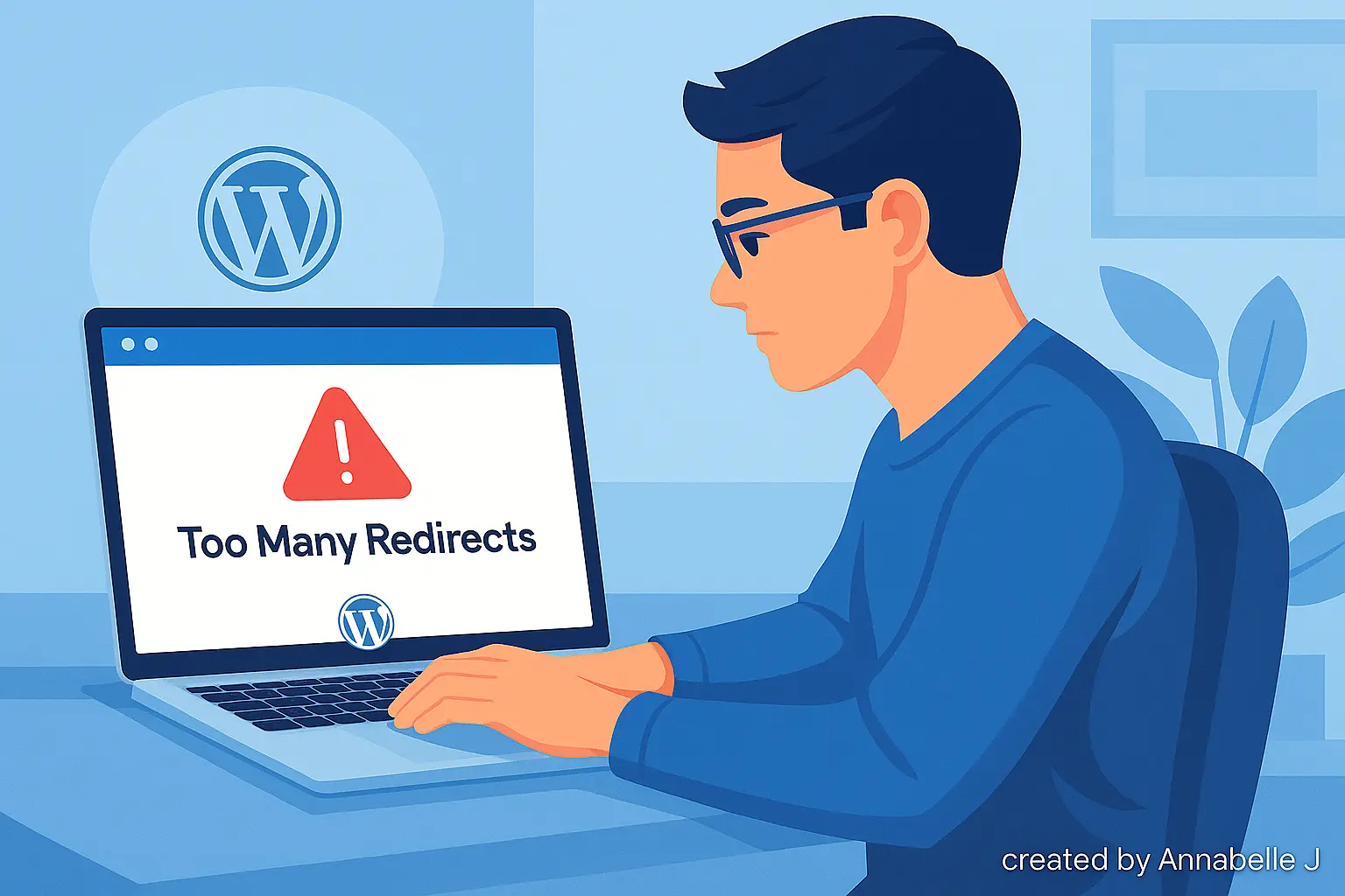 Illustration showing a person fixing a WordPress website redirect loop error on a laptop, with browser error message “Too Many Redirects” displayed.