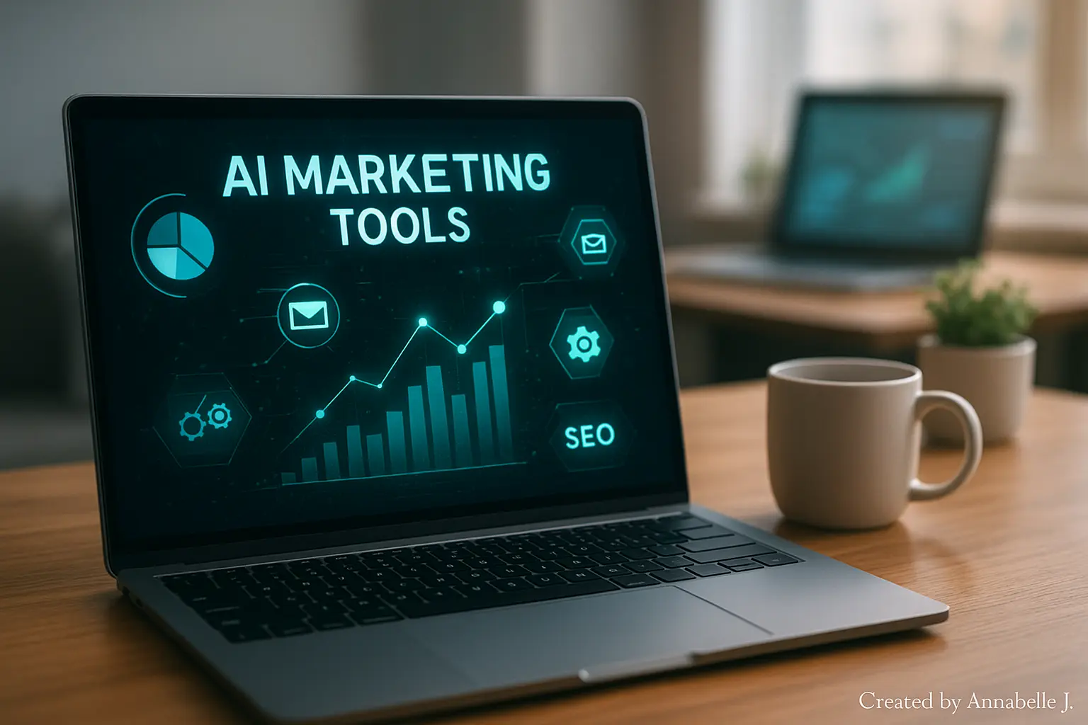 Top AI Marketing Tools for 2025 Success 3 A modern laptop showing an AI marketing dashboard with data charts and SEO icons, beside a coffee mug on a wooden desk in natural light.