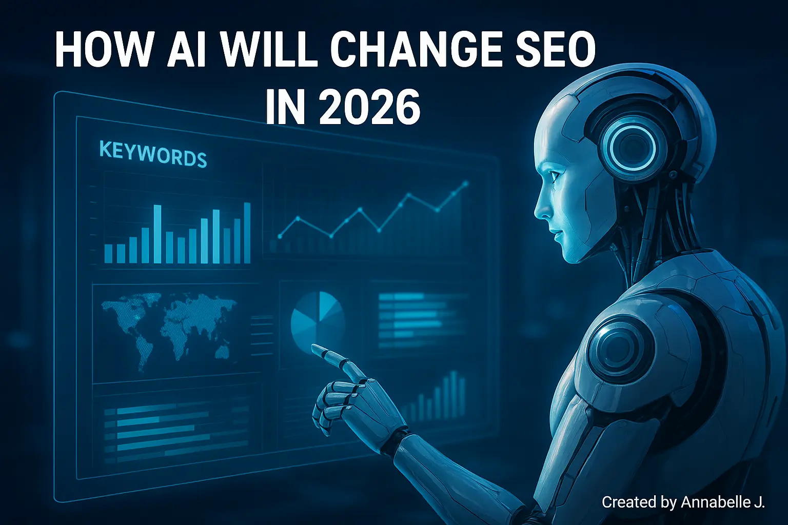 How AI Will Change SEO in 2026 2 Futuristic AI robot analyzing SEO data dashboard in 2026