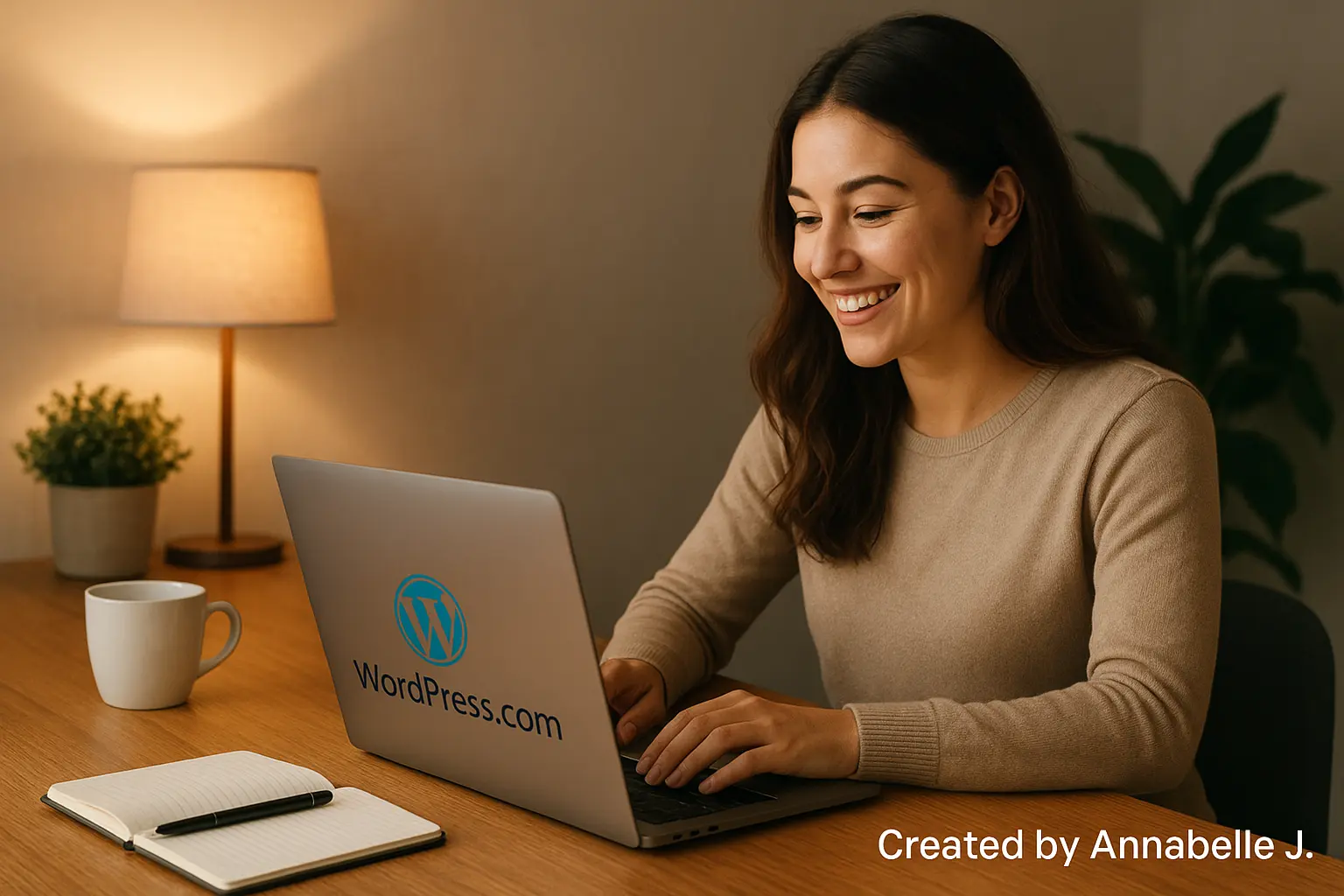 Blogger creating a WordPress.com site in 2025 on a laptop, smiling at a cozy desk — Created by Annabelle J.