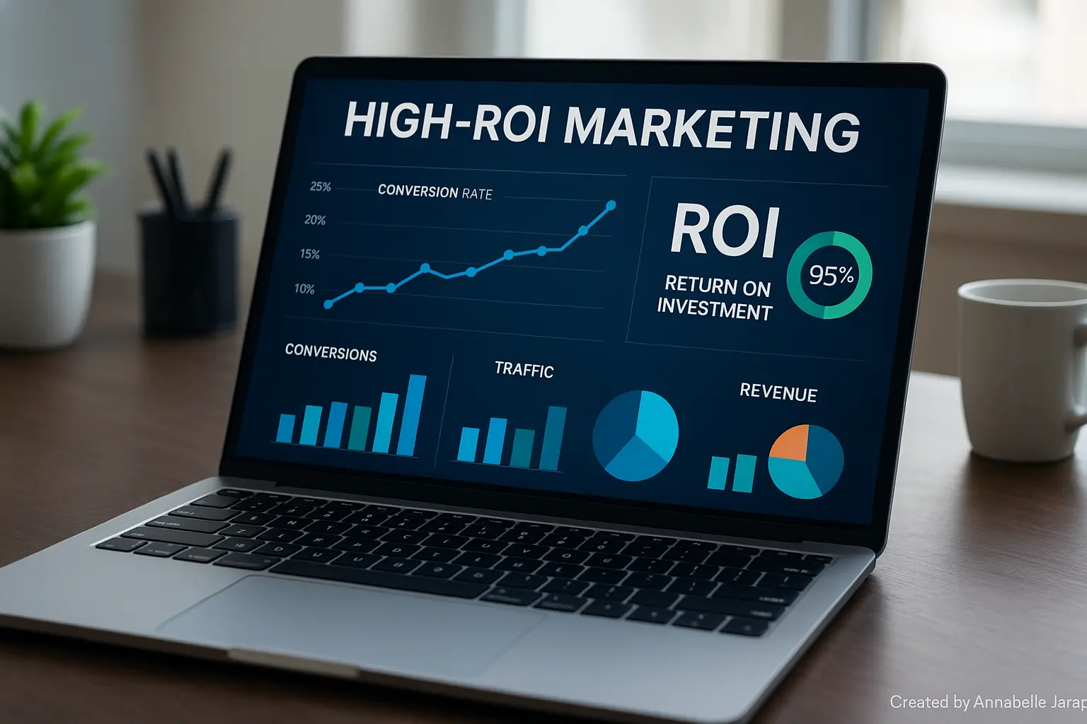 Laptop showing high-ROI marketing blueprint with analytics and conversion charts in a professional workspace.