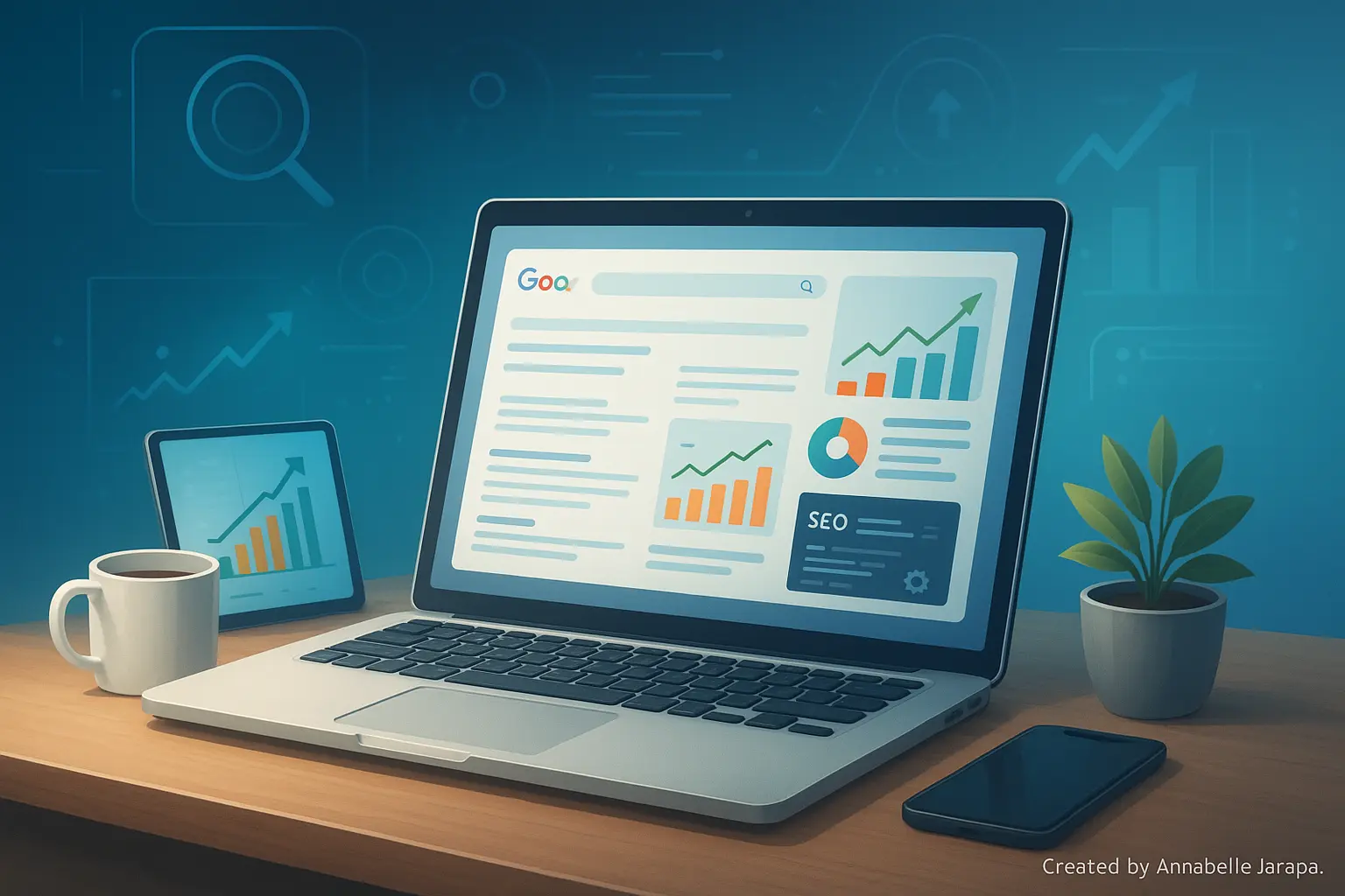 Realistic workspace showing SEO analytics, Google results, and ranking growth, representing modern SEO strategies in 2026.