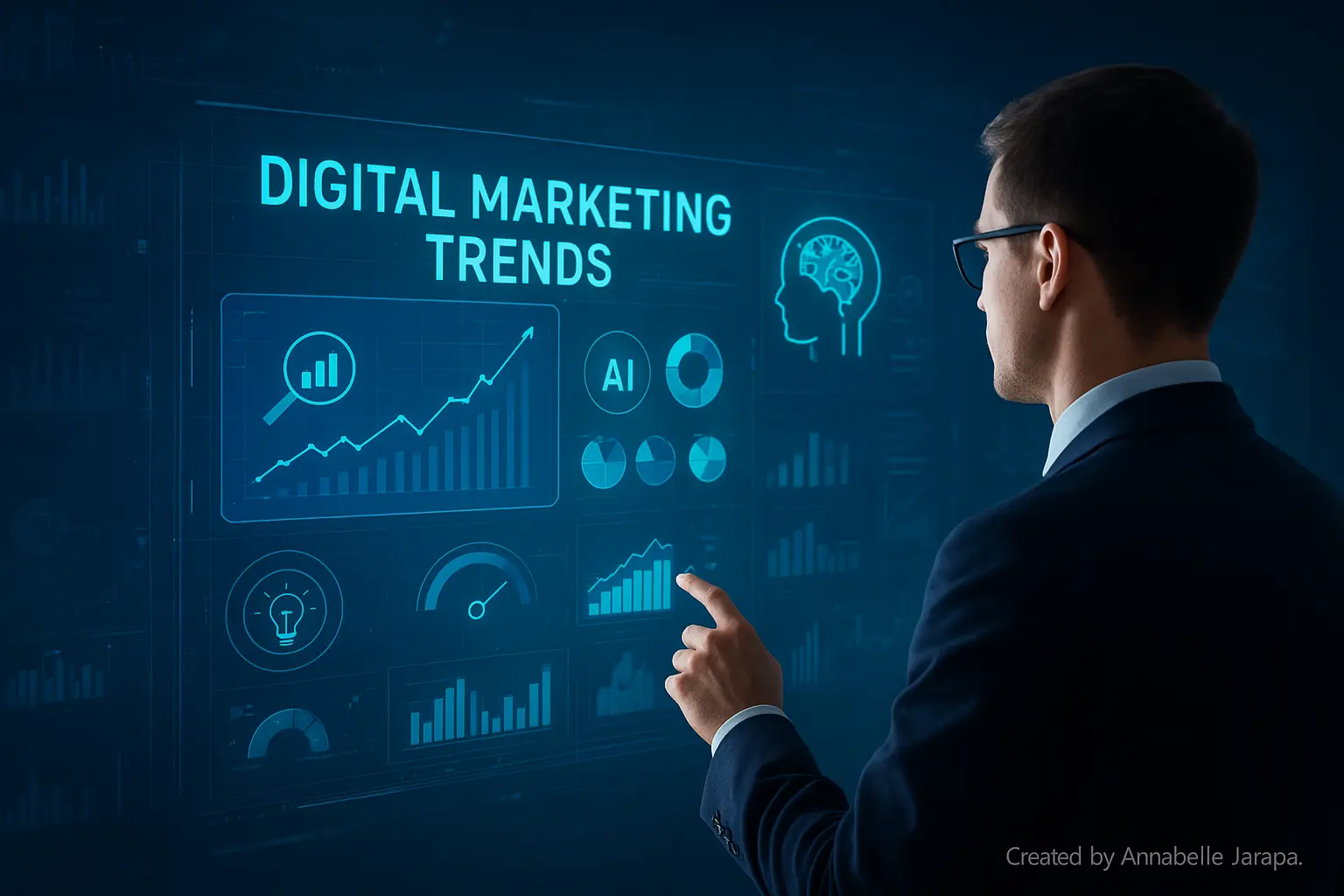 AI-powered digital marketing dashboard with futuristic analytics and data trends for 2026