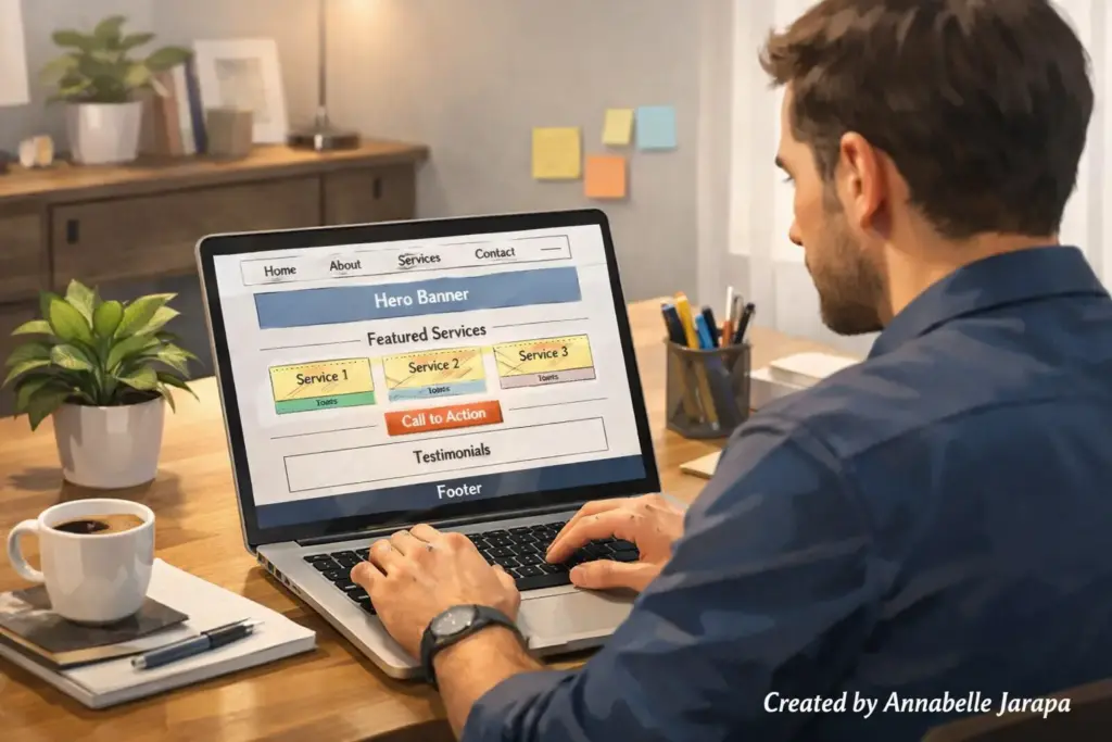 Business owner planning website basics on laptop in modern workspace