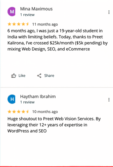 6 months ago I was just a 19 year old student in India with limiting beliefs. Today thanks to Preet Kalirona Ive crossed 25kmonth 5k pending by mixing Web Design SEO and eCommerce